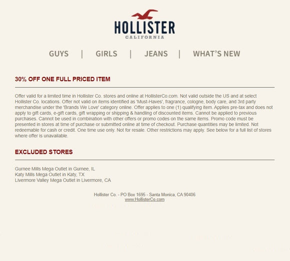 Hollister 30% off One Full-Price Item Coupon−𝗜𝗻𝘀𝘁𝗮𝗻𝘁 𝗗𝗲𝗹𝗶𝘃𝗲𝗿𝘆