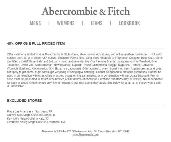 Abercrombie & Fitch 40% off One Full-Price Item Coupon−𝗜𝗻𝘀𝘁𝗮𝗻𝘁 𝗗𝗲𝗹𝗶𝘃𝗲𝗿𝘆