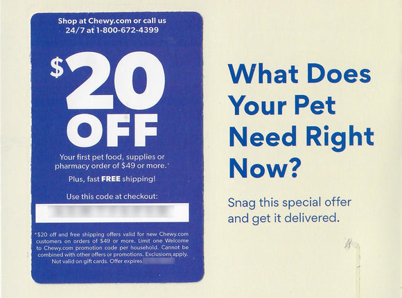 Chewy $20 off Your First Order of $49 or More PLUS Free Shipping Coupon−Instant Delivery