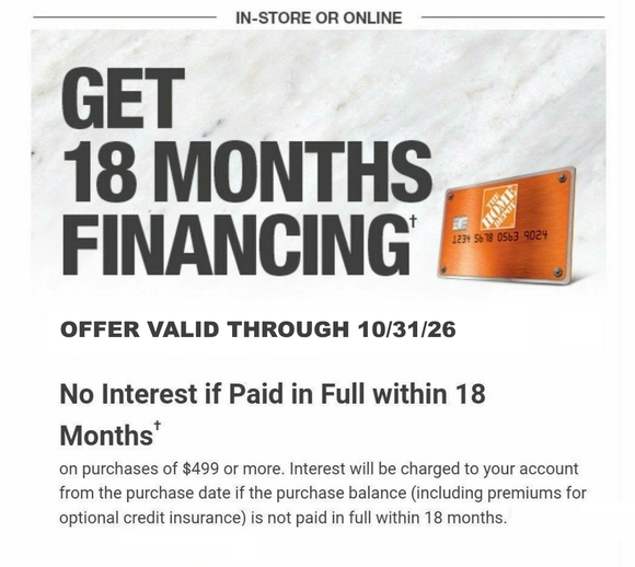 Home Depot−No Interest 18 Months Financing Coupon−Instant Delivery