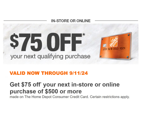 Home Depot Coupon for $75 off $500 Purchase−𝗜𝗻𝘀𝘁𝗮𝗻𝘁 𝗗𝗲𝗹𝗶𝘃𝗲𝗿𝘆