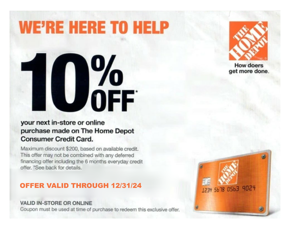 Home Depot Coupon−10% off Entire Purchase−In-Store or Online−𝗜𝗻𝘀𝘁𝗮𝗻𝘁 𝗗𝗲𝗹𝗶𝘃𝗲𝗿𝘆