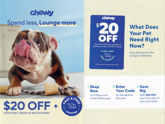 Chewy $20 off Your First Order of $49 or More PLUS Free Shipping Coupon−𝗜𝗻𝘀𝘁𝗮𝗻𝘁 𝗗𝗲𝗹𝗶𝘃𝗲𝗿𝘆