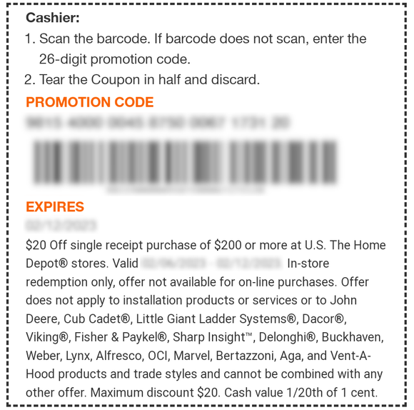 Home Depot Coupon for $20 off $200 Purchase−𝗜𝗻𝘀𝘁𝗮𝗻𝘁 𝗗𝗲𝗹𝗶𝘃𝗲𝗿𝘆