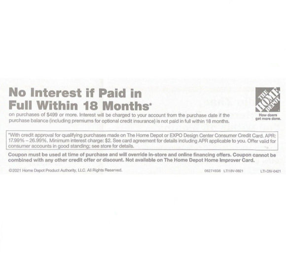 Home Depot−No Interest 18 Months Financing Coupon−𝗜𝗻𝘀𝘁𝗮𝗻𝘁 𝗗𝗲𝗹𝗶𝘃𝗲𝗿𝘆