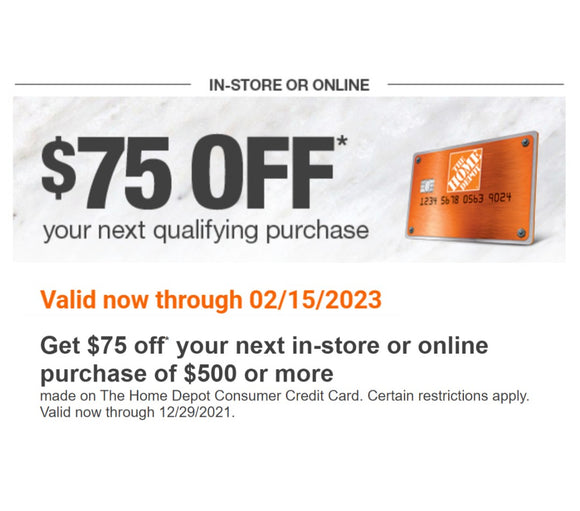 Home Depot Coupon for $75 off $500 Purchase−𝗜𝗻𝘀𝘁𝗮𝗻𝘁 𝗗𝗲𝗹𝗶𝘃𝗲𝗿𝘆