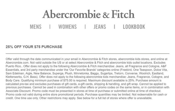 Abercrombie and Fitch 25% off $75 Coupon−𝗜𝗻𝘀𝘁𝗮𝗻𝘁 𝗗𝗲𝗹𝗶𝘃𝗲𝗿𝘆