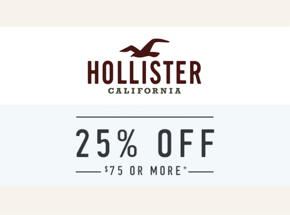 Hollister 25% off $75 Coupon−𝗜𝗻𝘀𝘁𝗮𝗻𝘁 𝗗𝗲𝗹𝗶𝘃𝗲𝗿𝘆